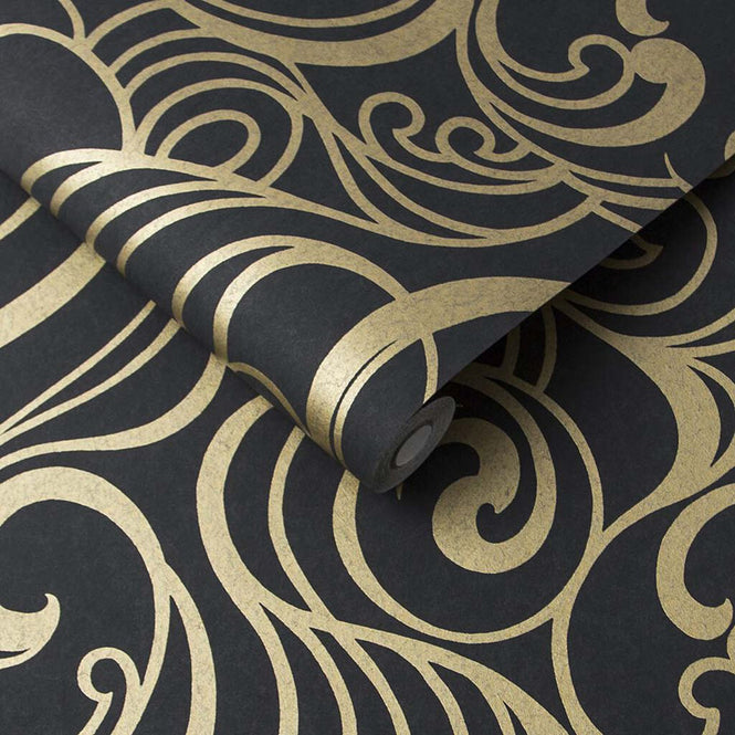 【切売m単位】Graham & Brown / HULA SWIRL NOIR 105273