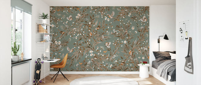 PHOTOWALL / Playful Robins - Vintage - Green (e94587)
