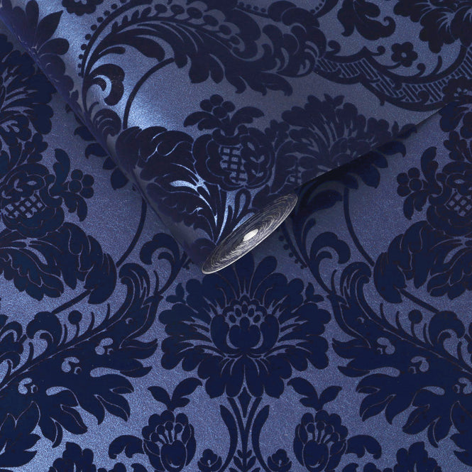 【切売m単位】Graham & Brown / Gothic Damask Flock / Cobalt 104563