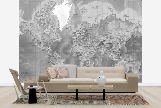 PHOTOWALL / World Map Detailed - Without Roads - Grey (e24436)