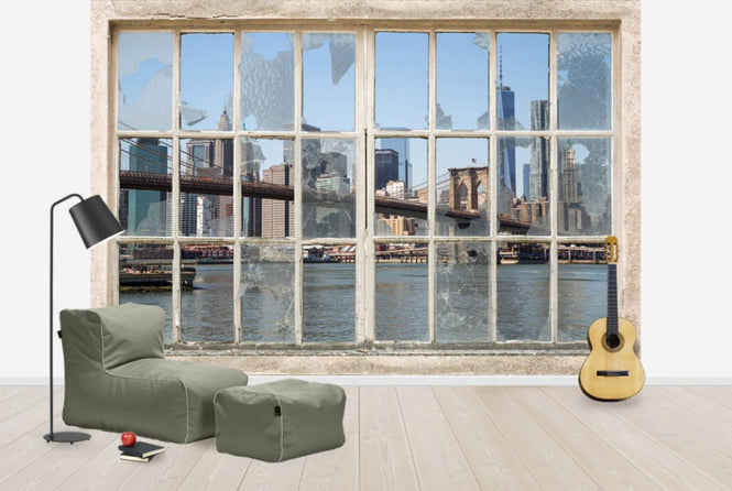 PHOTOWALL / Brooklyn Bridge through Broken Window (e30159)