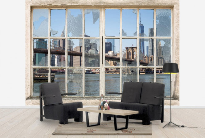 PHOTOWALL / Brooklyn Bridge through Broken Window (e30159)