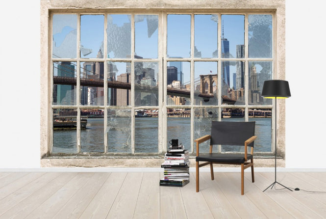 PHOTOWALL / Brooklyn Bridge through Broken Window (e30159)