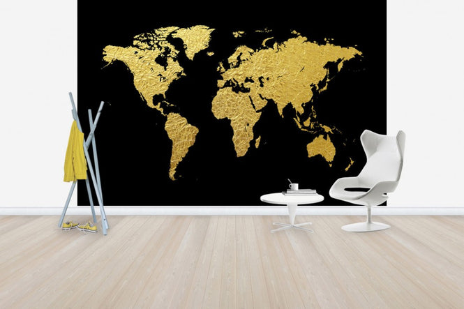 PHOTOWALL / Gold World Map with Black Background (e50180)