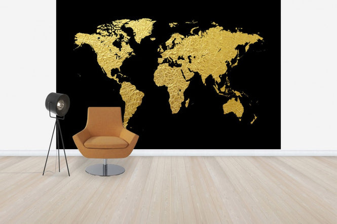 PHOTOWALL / Gold World Map with Black Background (e50180)