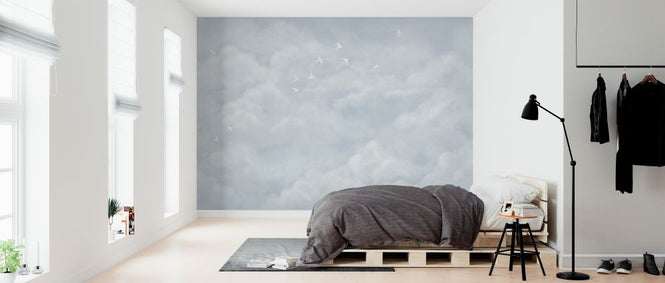 PHOTOWALL / Tender Clouds with White Swallows - Soft Blue (e320871)