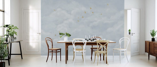 PHOTOWALL / Tender Clouds with Yellow Swallows - Soft Blue (e320874)