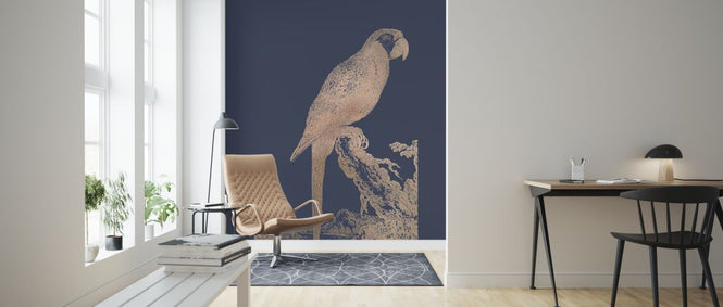 PHOTOWALL / Rose Gold Foil Parrot I on Imperial Blue (e321420)