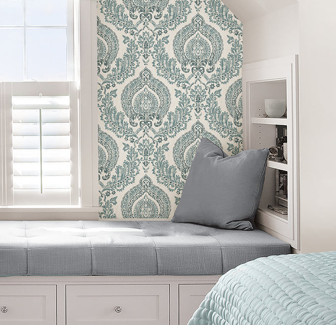 はがせる シール 壁紙 NU WALLPAPER / Kensington Damask Blue Peel and Stick Wallpaper / NU1702