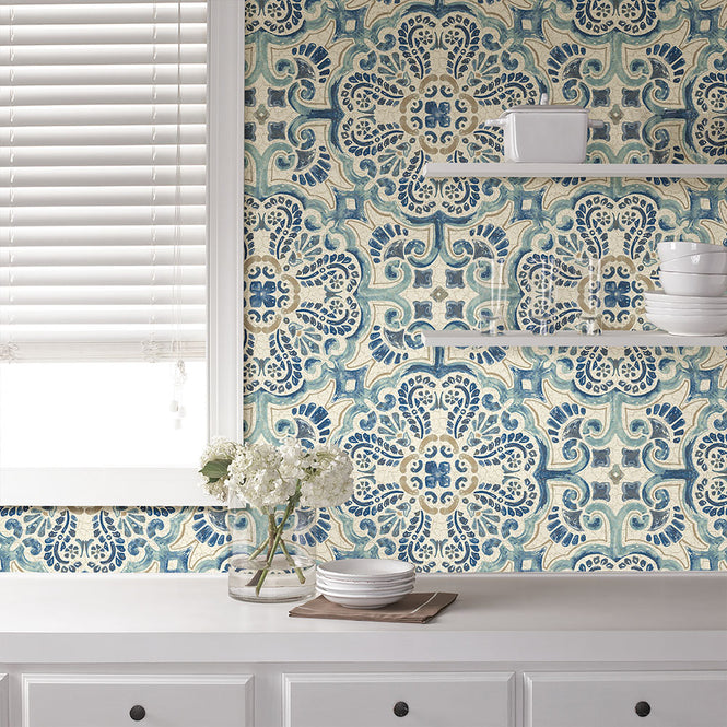 【予約受付】はがせる シール 壁紙 NU WALLPAPER / Blue Florentine Tile Peel and Stick Wallpaper / NU2235 (NUS2235)